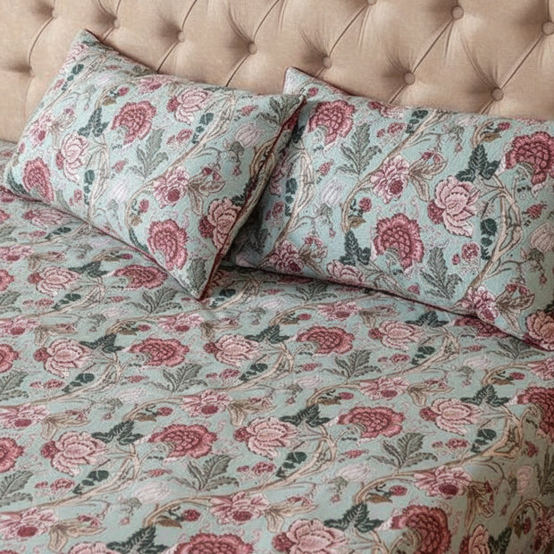 Sagewood Blossom – Super King Size Bedsheet (274 x 274 cm) | 100% Percale Cotton | Includes 2 Pillow Covers