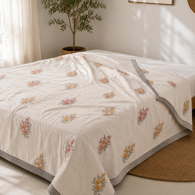 Golden Meadow Muslin Cotton Dohar – Standard King Size (240 × 260 cm / 90 × 108 inches) | 100% Muslin Cotton | Lightweight All-Season Comfort