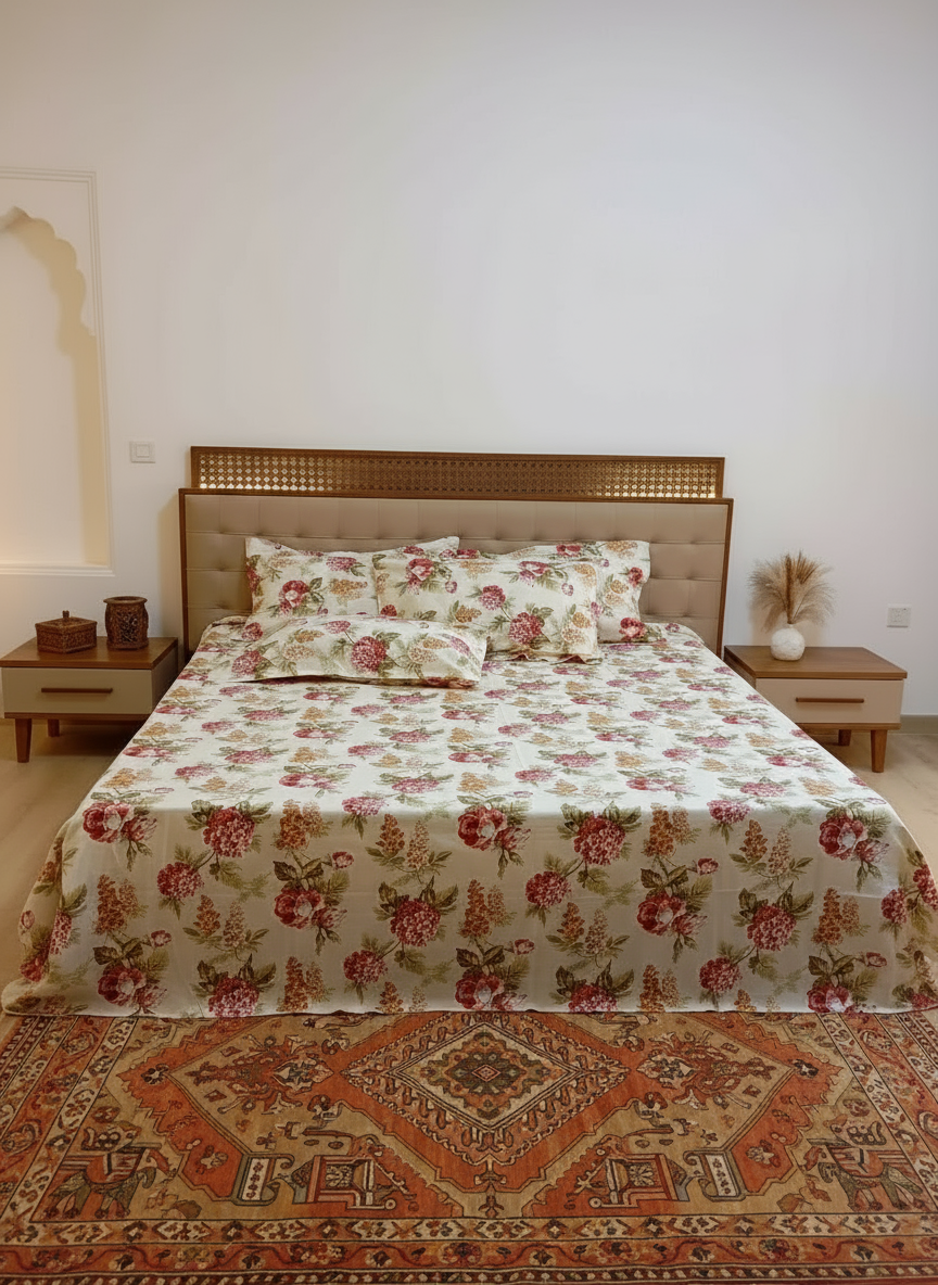 Coral Anokhi Garden Bloom – Super King Size Jaipuri Cotton Bedsheet (270 x 270 cm) | Includes 4 Pillow Covers