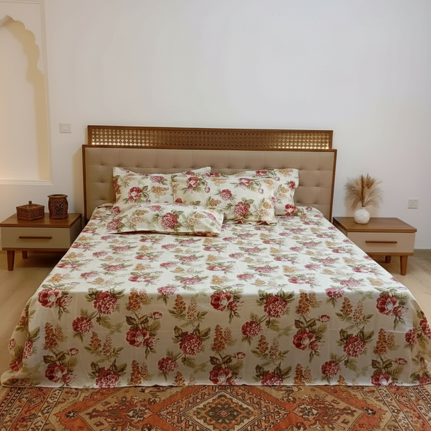 Coral Anokhi Garden Bloom – Super King Size Jaipuri Cotton Bedsheet (270 x 270 cm) | Includes 4 Pillow Covers