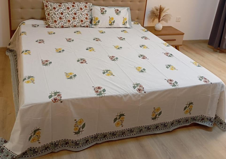 Sunlit Meadow Bloom – Hand Block Print | Super King Size Bedsheet (274 x 274 cm) | 100% Percale Cotton | Includes 2 Pillow Covers