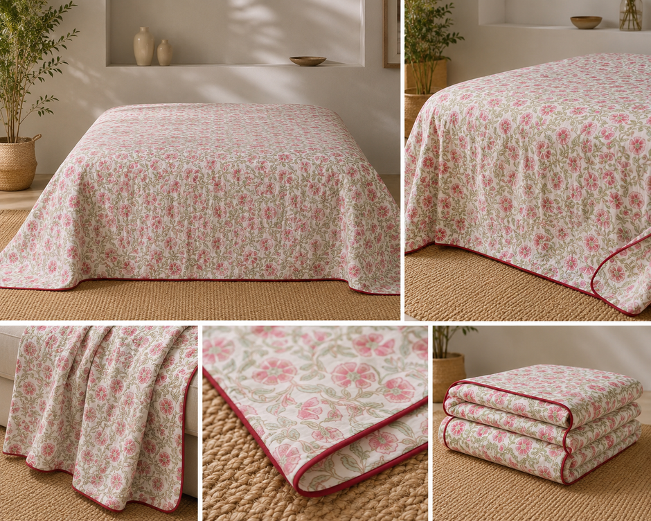 Pink Rosé Botanica Muslin Cotton Dohar – King Size (220 × 240 cm) | 100% Muslin Cotton | 1 Piece