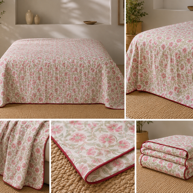 Pink Rosé Botanica Muslin Cotton Dohar – King Size (220 × 240 cm) | 100% Muslin Cotton | 1 Piece