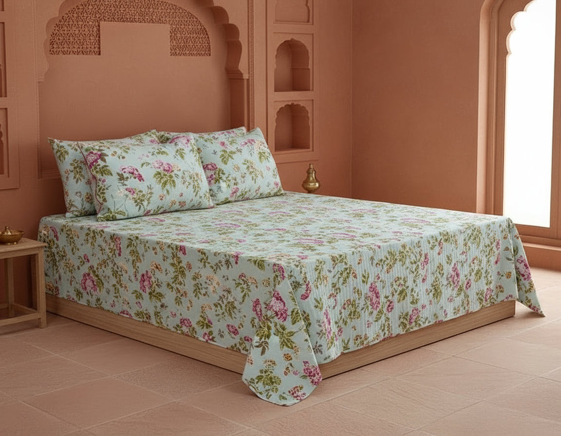 Mint Green Botanical Bloom – Jumbo King Size Bedsheet (274 x 306 cm) | 100% Jaipuri Cotton | Includes 2 Pillow Covers