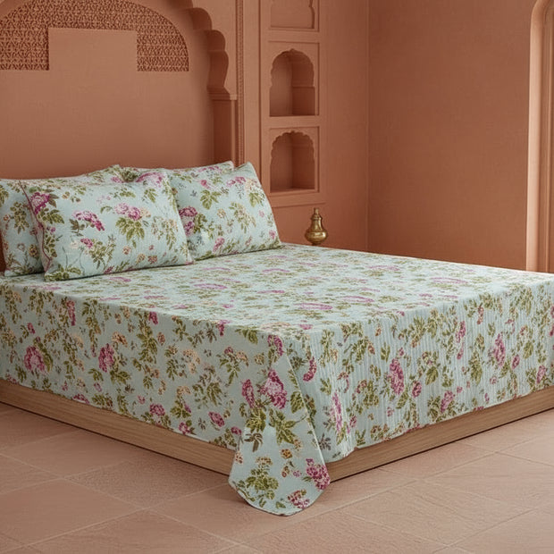 Mint Green Botanical Bloom – Jumbo King Size Bedsheet (274 x 306 cm) | 100% Jaipuri Cotton | Includes 2 Pillow Covers