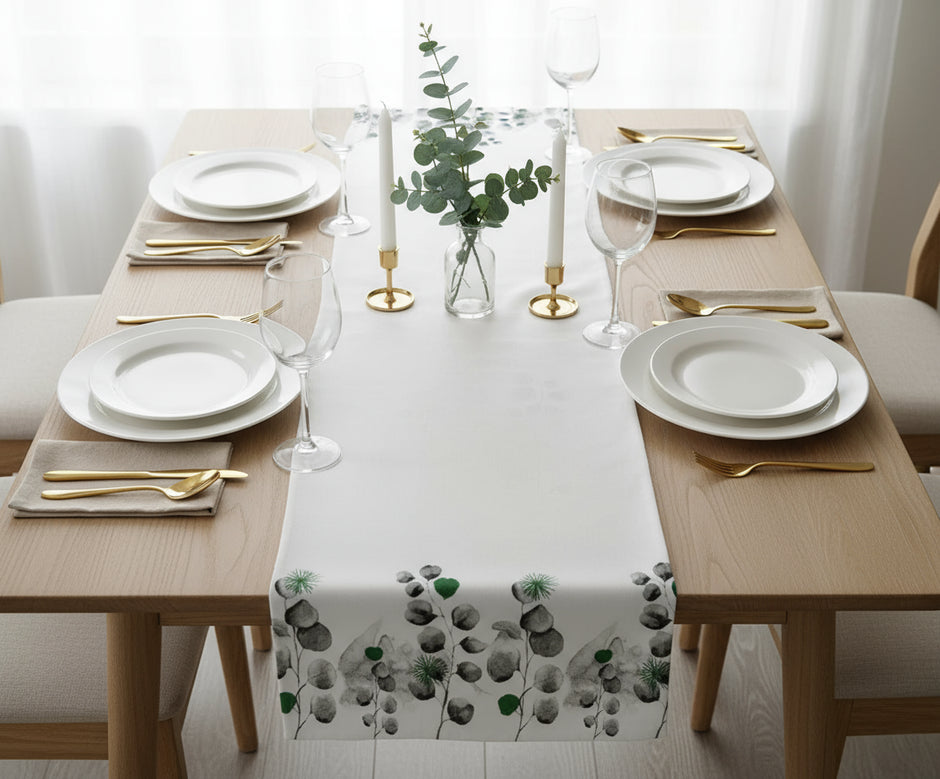 Eucalyptus Whisper Jaipuri Cotton Table Runner – 40x250 cm – Minimal Botanical Charm