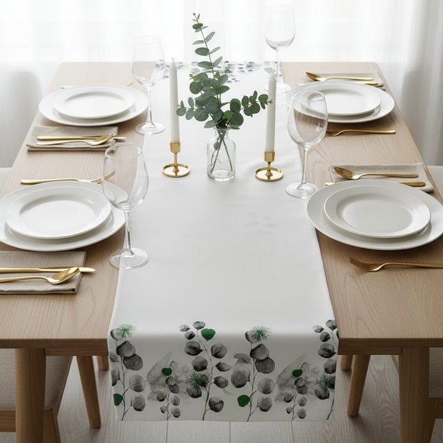 Eucalyptus Whisper Jaipuri Cotton Table Runner – 40x250 cm – Minimal Botanical Charm