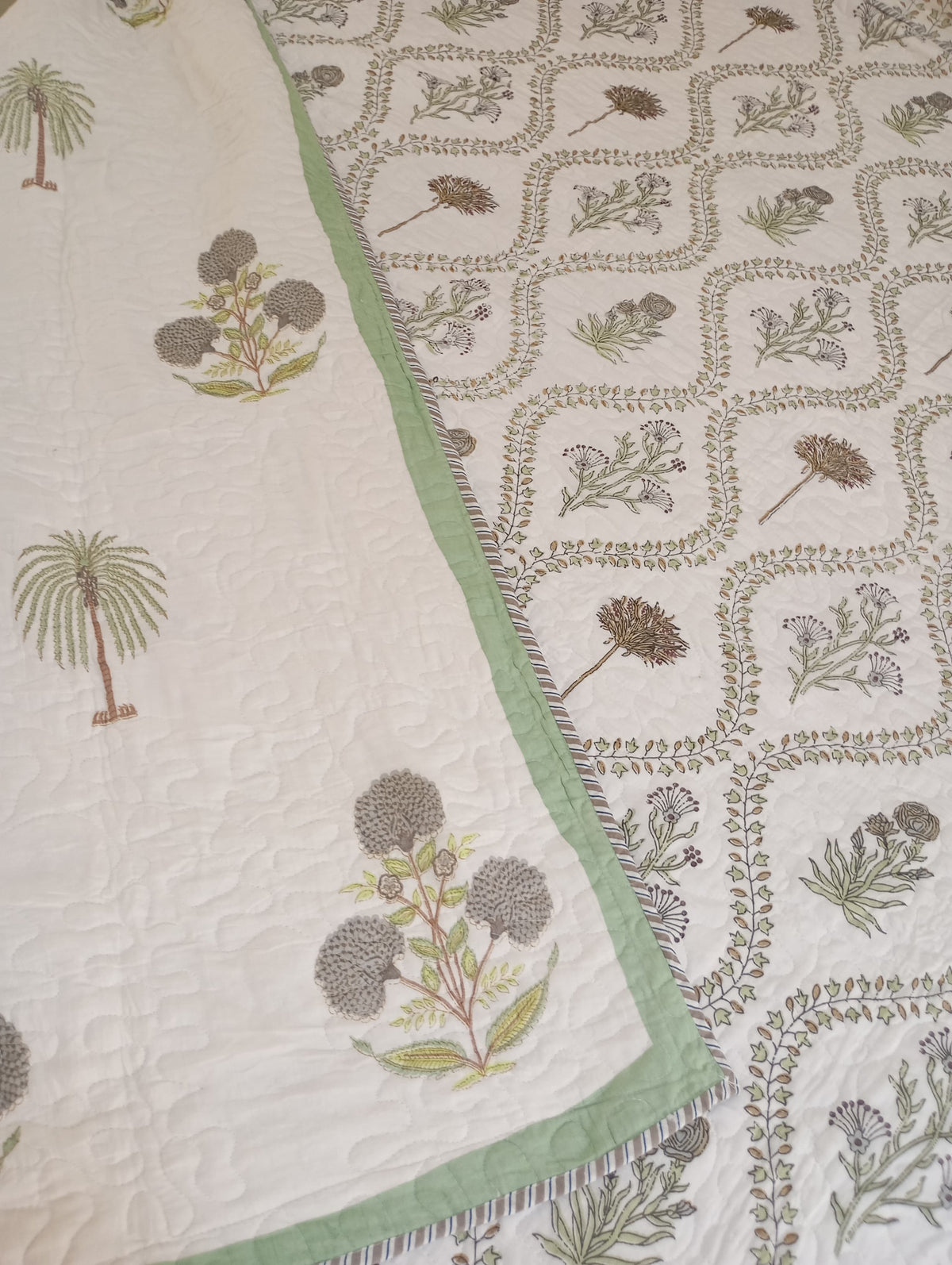 Gulshan — Garden of Flowers – Standard King Size Reversible Jaipuri Cotton Quilted Bedspread | Hand Block Printed | 2-Sided Design | 2 - Pillow covers | Set