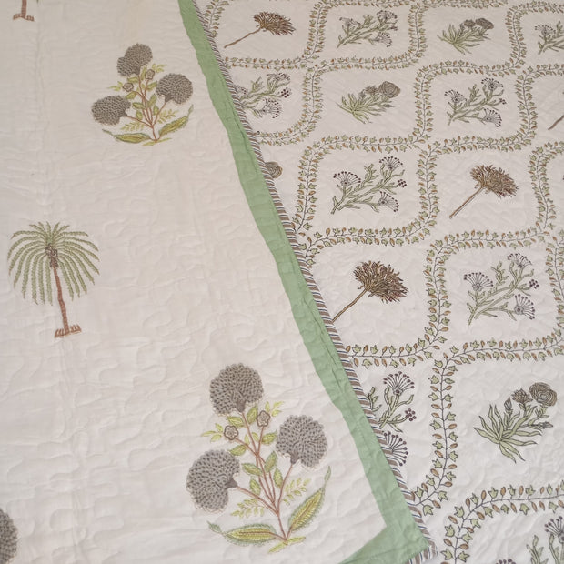 Gulshan — Garden of Flowers – Standard King Size Reversible Jaipuri Cotton Quilted Bedspread | Hand Block Printed | 2-Sided Design | 2 - Pillow covers | Set