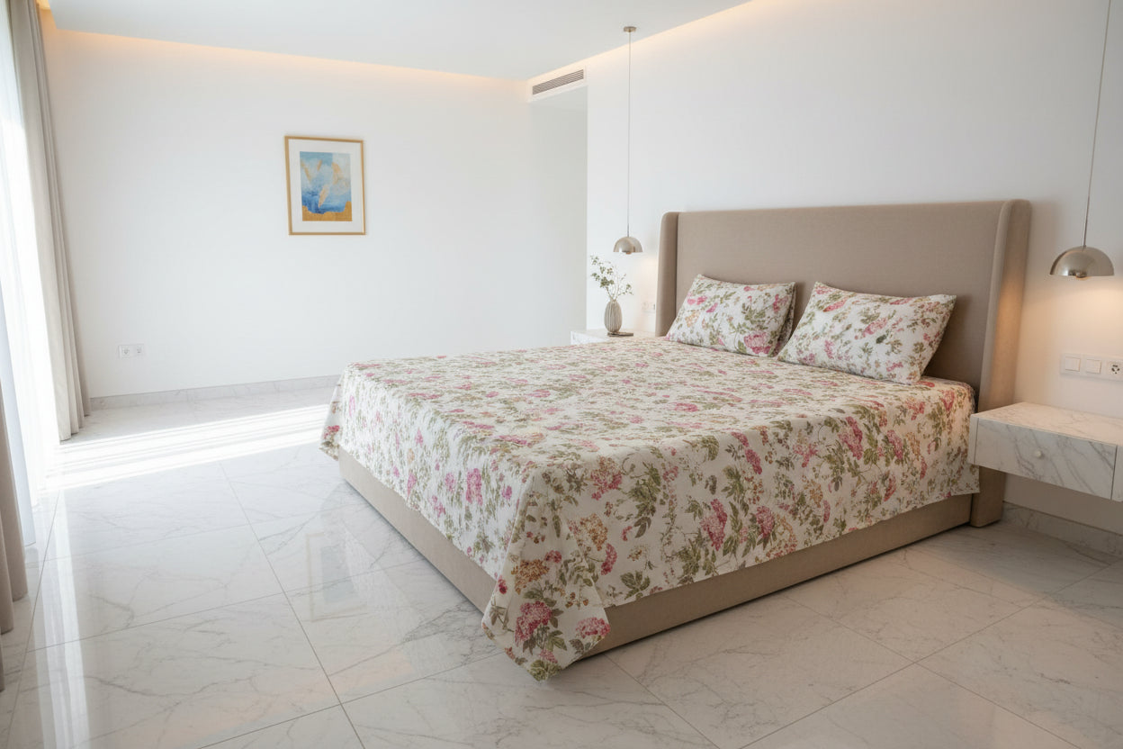Soft Beige Botanical Bloom – Queen Size Block Print Bedsheet (230 x 260 cm) | 100% Jaipuri Cotton | Includes 2 Pillow Covers