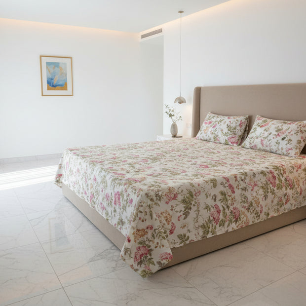 Soft Beige Botanical Bloom – Queen Size Block Print Bedsheet (230 x 260 cm) | 100% Jaipuri Cotton | Includes 2 Pillow Covers