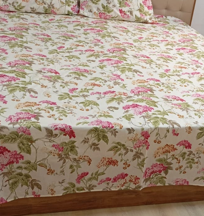 Soft Beige Botanical Bloom – Queen Size Block Print Bedsheet (230 x 260 cm) | 100% Jaipuri Cotton | Includes 2 Pillow Covers