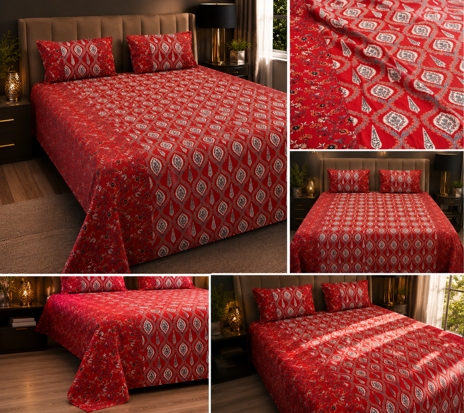 Crimson Caravan Ajrakh – Super King Size Bedsheet (274 x 274 cm) | 100% Pure Cotton | Includes 2 Pillow Covers