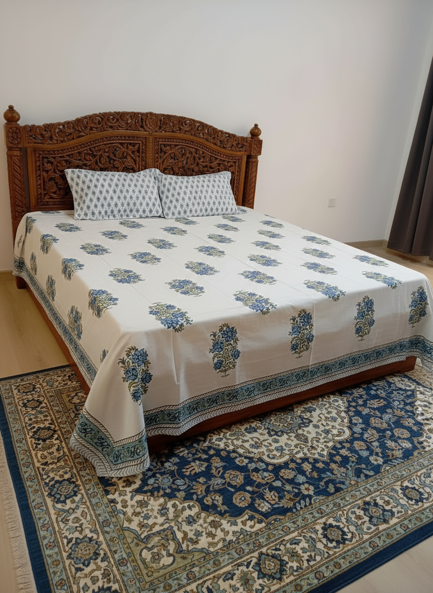 Super King Size Block Print Bedsheet (274 x 274 cm) | 100% Percale Cotton | Includes 2 Pillow Covers