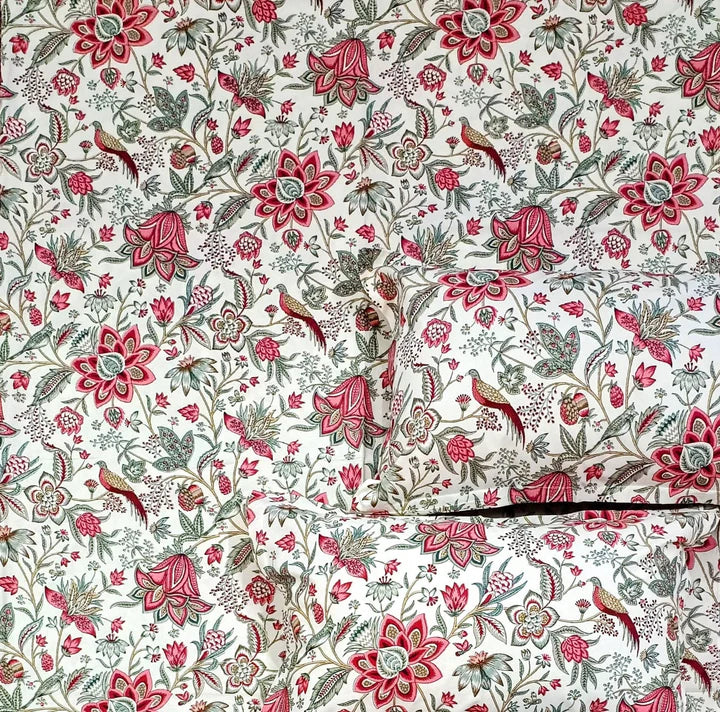 Scarlet Floral Bird Elegance – Super King Size Bedsheet (274 x 274 cm) | 100% Jaipuri Cotton | Includes 2 Pillow Covers