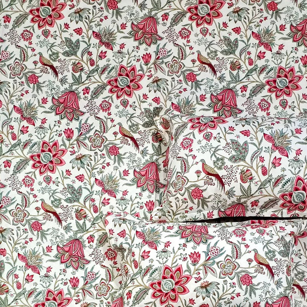 Scarlet Floral Bird Elegance – Super King XL Size Bedsheet (270 x 290 cm) | 100% Jaipuri Cotton | Includes 4 Pillow Covers