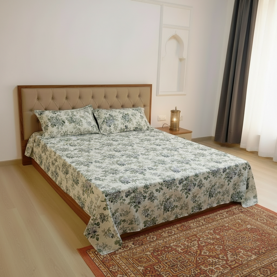 Rose Anokhi Floral Dream – Super King Size Jaipuri Cotton Bedsheet (270 x 270 cm) | Includes 2 Pillow Covers