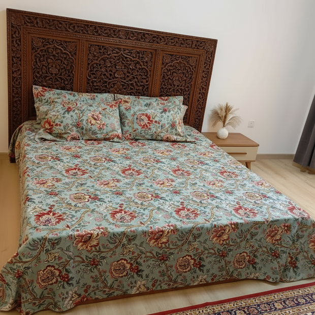 Olive Anokhi Meadow Charm – Super King Size Jaipuri Cotton Bedsheet (270 x 270 cm) | Includes 4 Pillow Covers