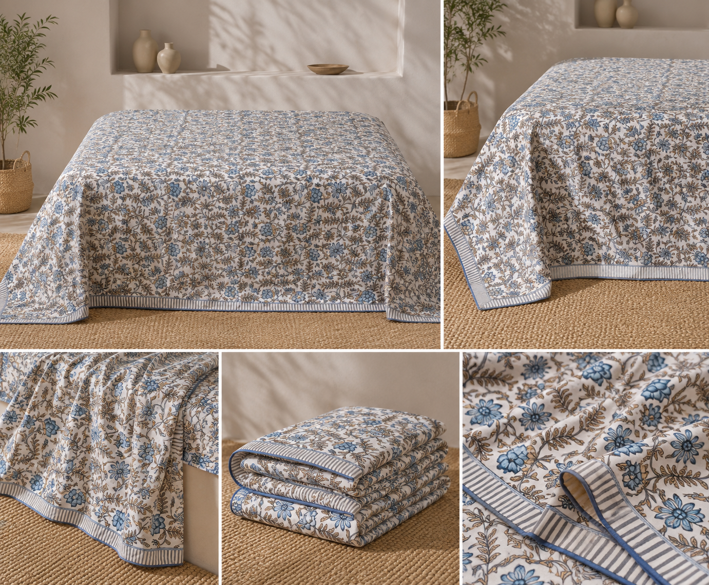 Azure Vine Symphony Muslin Cotton Dohar – King Size (220 × 240 cm) | 100% Muslin Cotton | 1 Piece