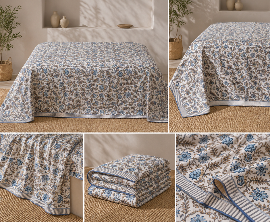 Azure Vine Symphony Muslin Cotton Dohar – King Size (220 × 240 cm) | 100% Muslin Cotton | 1 Piece