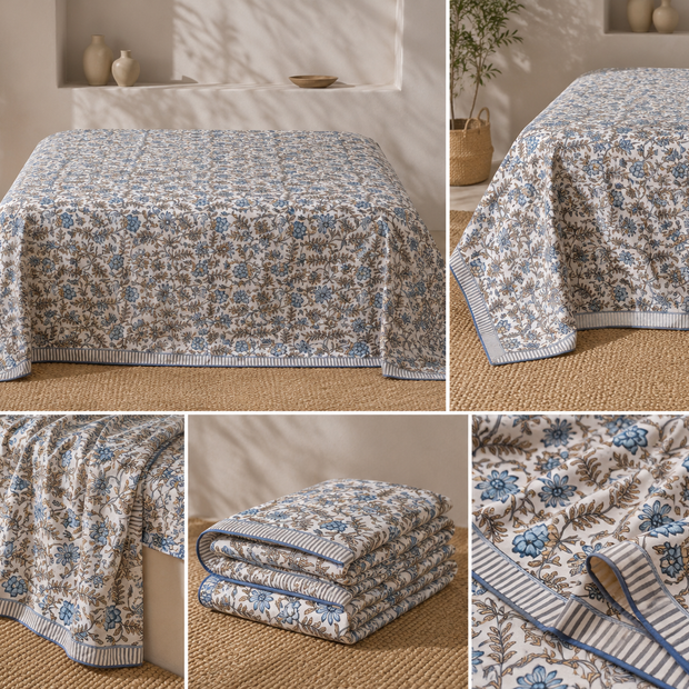 Azure Vine Symphony Muslin Cotton Dohar – King Size (220 × 240 cm) | 100% Muslin Cotton | 1 Piece
