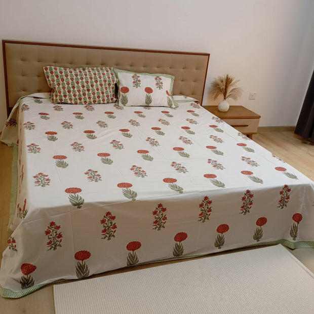 Marigold Yellow Buti - Super King Percale Cotton Block Print Bedsheet