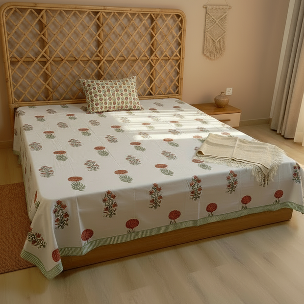 Marigold Buti – Super King Size Block Print Bedsheet (274 x 274 cm) | 100% Percale Cotton | Includes 2 Pillow Covers