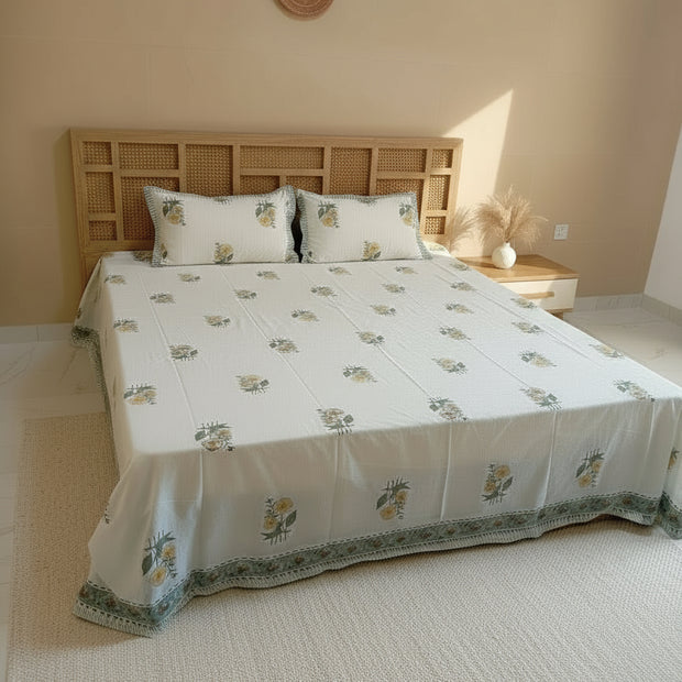 Pink Mughal Floral - Super King Percale Cotton Block Print Bedsheet