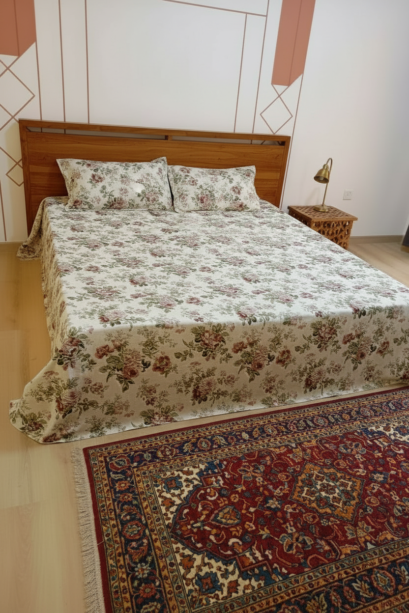 Soft Beige Anokhi Blossom – Super King Size Jaipuri Cotton Bedsheet (270 x 270 cm) | Includes 2 Pillow Covers