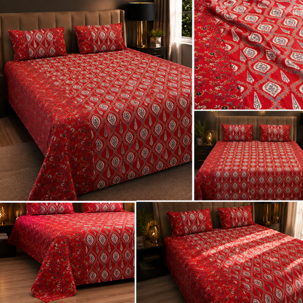 Ajrakh Elegance Ruby Bloom – Super King Size Bedsheet (274 x 274 cm) | 100% Pure Cotton | Includes 2 Pillow Covers