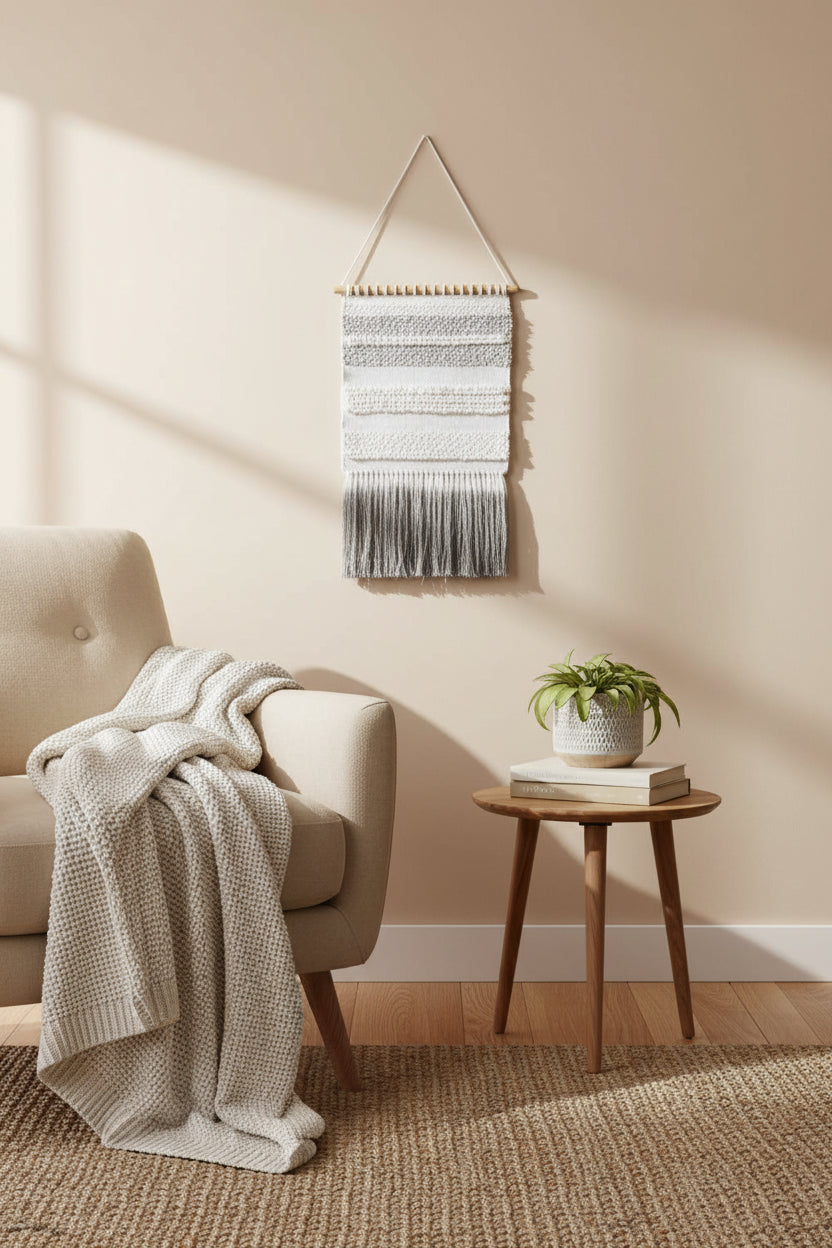 Ivory Charcoal Handwoven Wall Art – Textured Textile Hanging | 50 x 70 cm