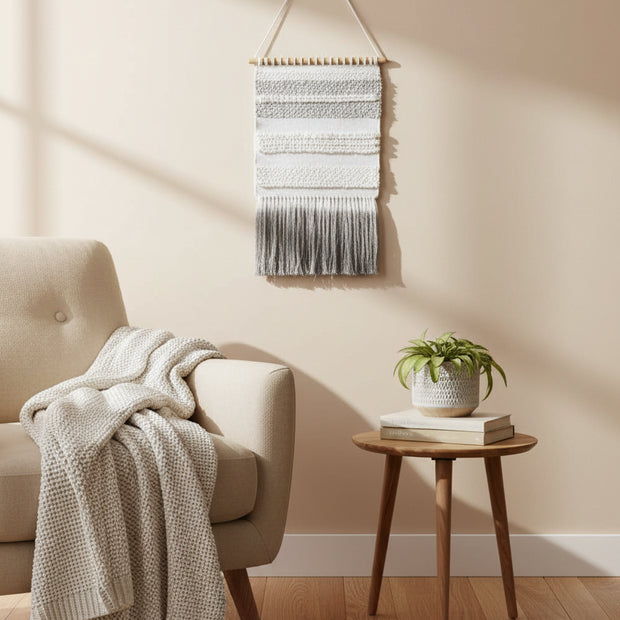 Ivory Charcoal Handwoven Wall Art – Textured Textile Hanging | 50 x 70 cm