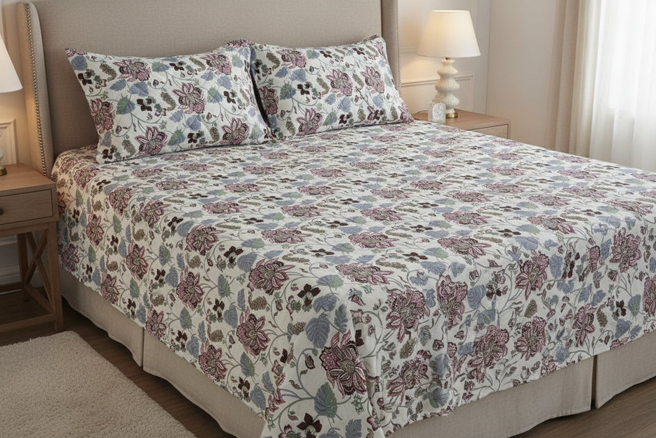 Rosewood Garden – Super King Size Bedsheet (274 x 274 cm) | 100% Jaipuri Cotton | Includes 2 Pillow Covers