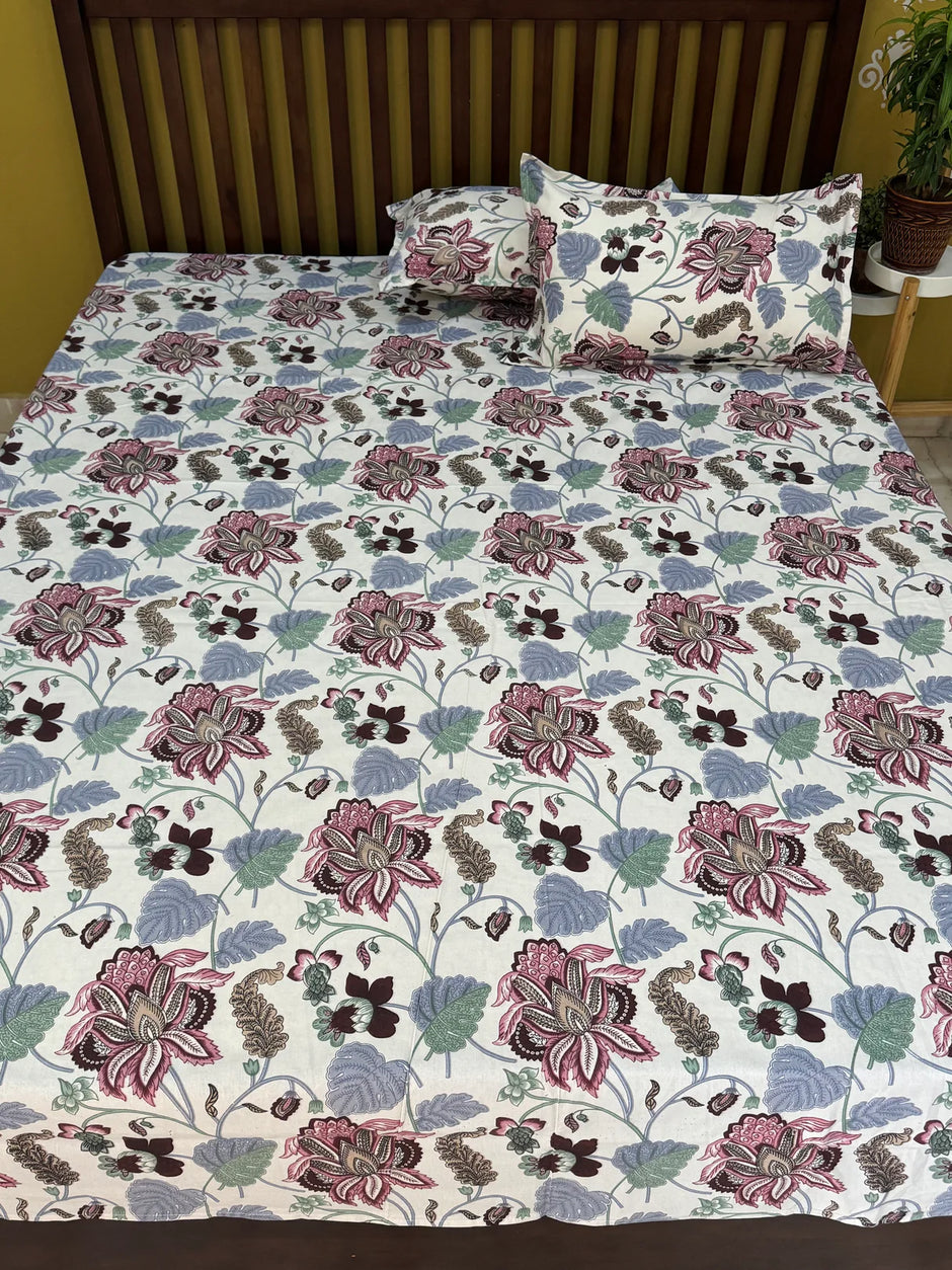 Rosewood Garden – Jumbo King Size Bedsheet (274 x 305 cm) | 100% Jaipuri Cotton | Includes 2 Pillow Covers