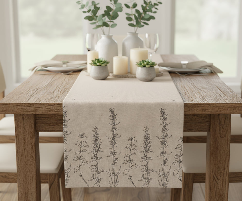 Bee Bloom Jaipuri Cotton Table Runner – 40x250 cm – Natural Elegance in Beige & Black