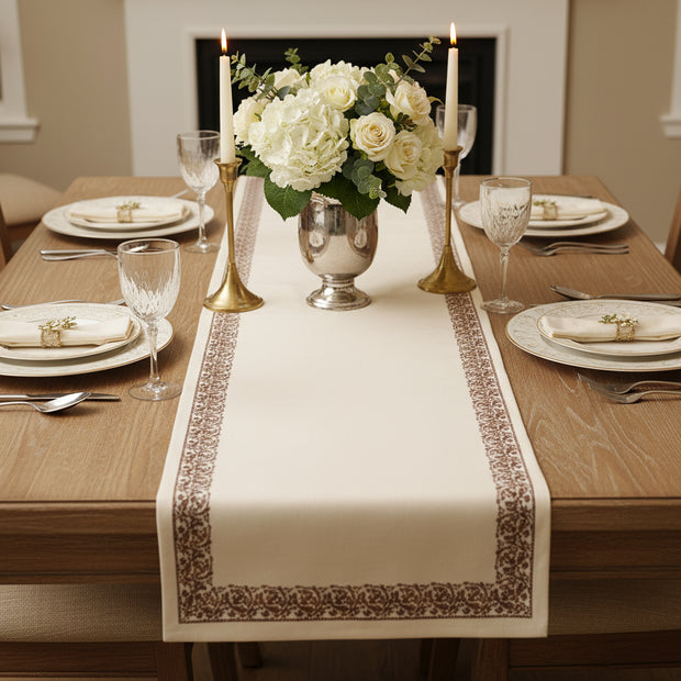 Amber Vine Jaipuri Cotton Table Runner – 40x300 cm – Classic Border Design in Warm Brown