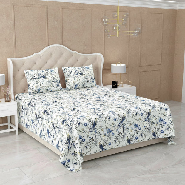 Bluebird Garden Charm – Queen Size Bedsheet (260 x 230 cm) | 100% Cotton | Includes 2 Pillow Covers