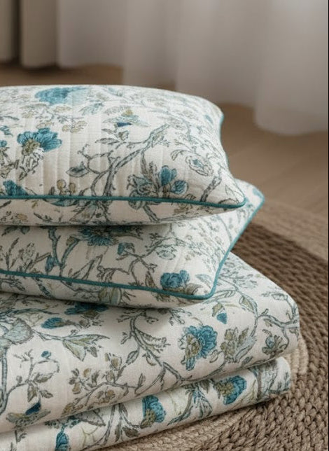 Teal Coastal Anokhi Blossom – Super King Size Jaipuri Cotton Bedsheet (270 x 270 cm) | Includes 2 Pillow Covers
